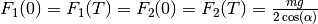 $ F_1(0) = F_1(T) = F_2(0) = F_2(T) = \frac{mg}{2 \cos(\alpha)} $
